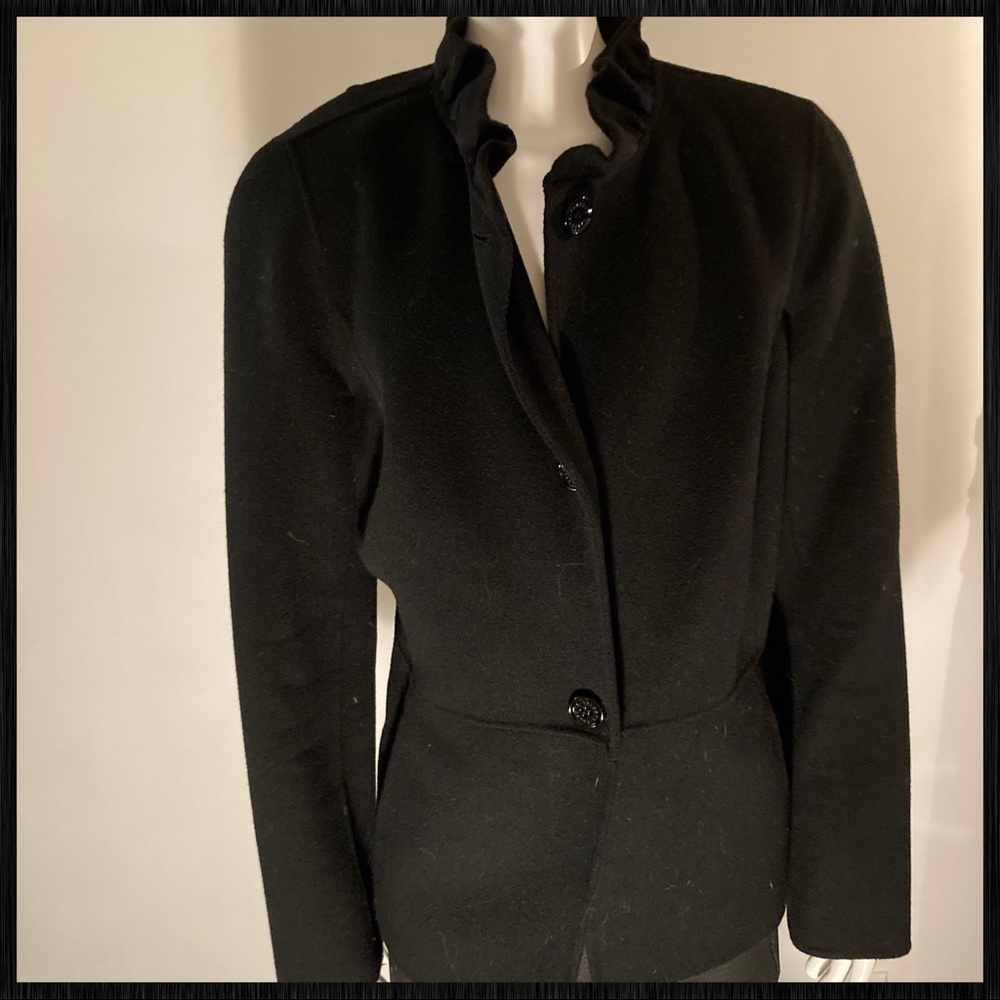 Talbots black wool/stretch jacket, ruffle collar